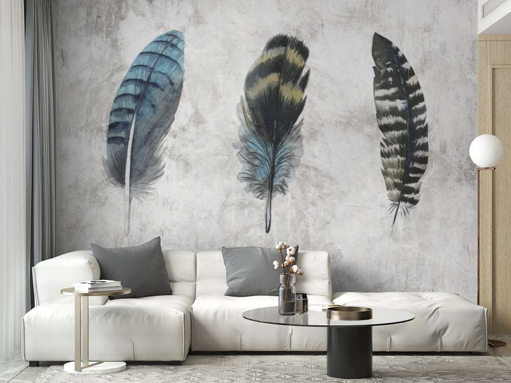 Açık Gri Beton Dokulu ve Sanatsal Üçlü Tüy Desenli Duvar Kağıdı