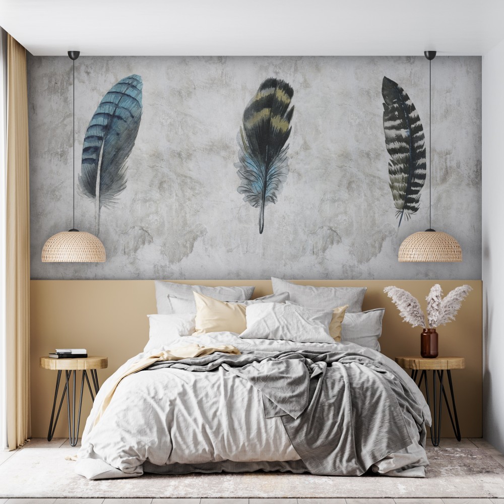 Açık Gri Beton Dokulu ve Sanatsal Üçlü Tüy Desenli Duvar Kağıdı