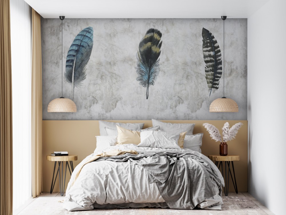 Açık Gri Beton Dokulu ve Sanatsal Üçlü Tüy Desenli Duvar Kağıdı