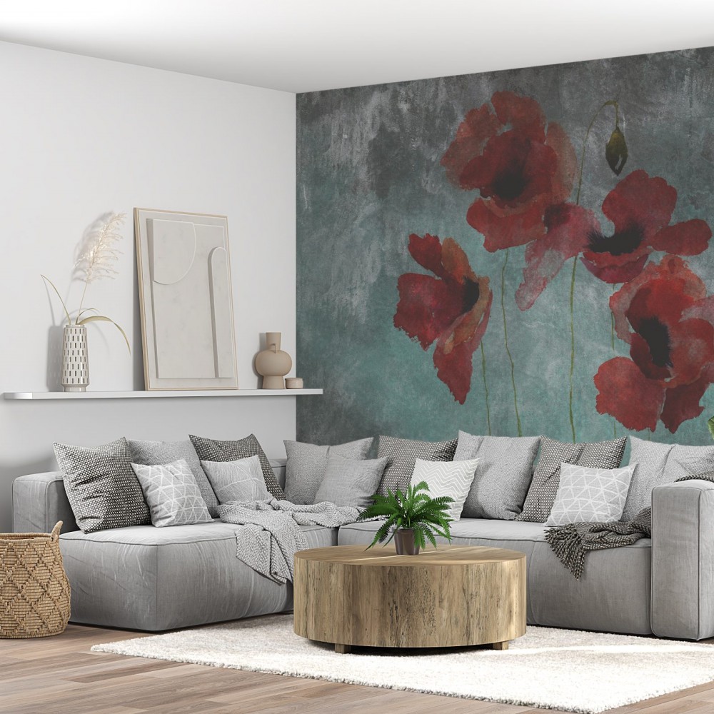 Koyu Yeşil Eskitme Beton Dokulu ve Kırmızı Gelincik Desenli Duvar Kağıdı