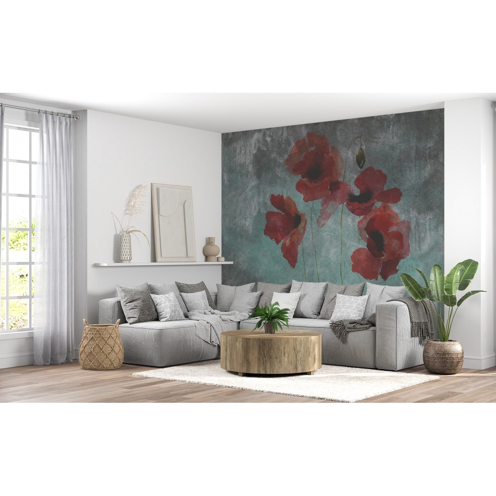 Koyu Yeşil Eskitme Beton Dokulu ve Kırmızı Gelincik Desenli Duvar Kağıdı