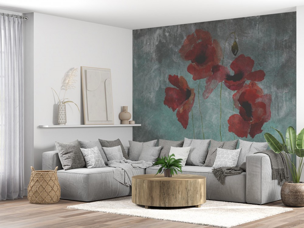 Koyu Yeşil Eskitme Beton Dokulu ve Kırmızı Gelincik Desenli Duvar Kağıdı