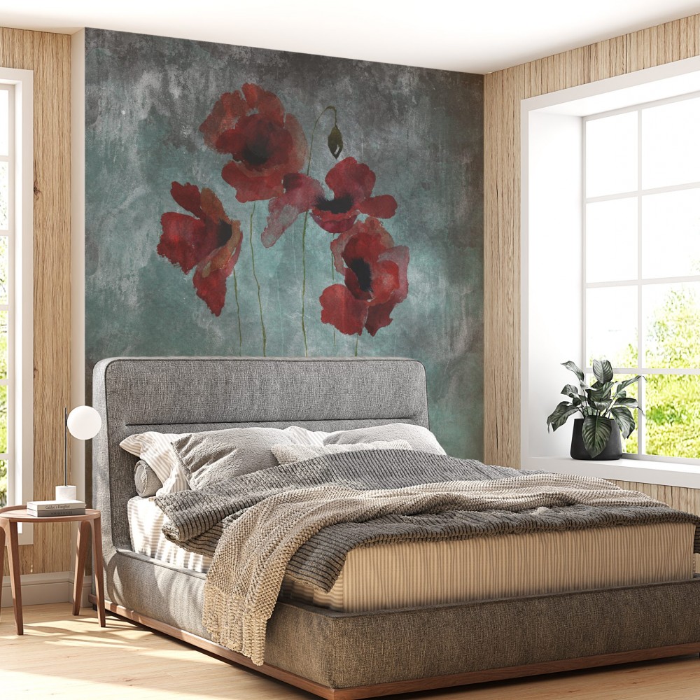 Koyu Yeşil Eskitme Beton Dokulu ve Kırmızı Gelincik Desenli Duvar Kağıdı