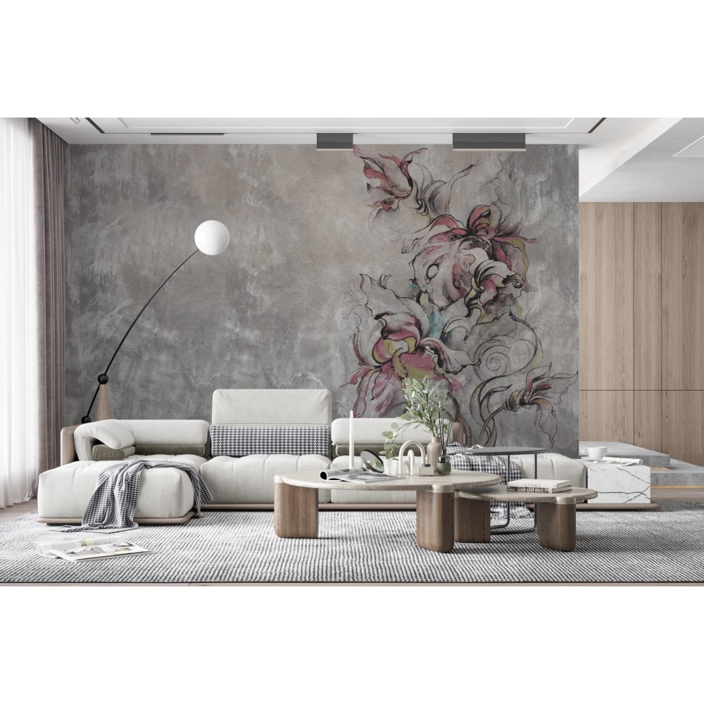 Vizon Beton Dokulu ve El Çizimi Renkli Çiçekli Duvar Kağıdı