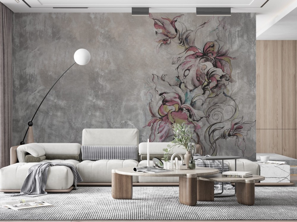 Vizon Beton Dokulu ve El Çizimi Renkli Çiçekli Duvar Kağıdı