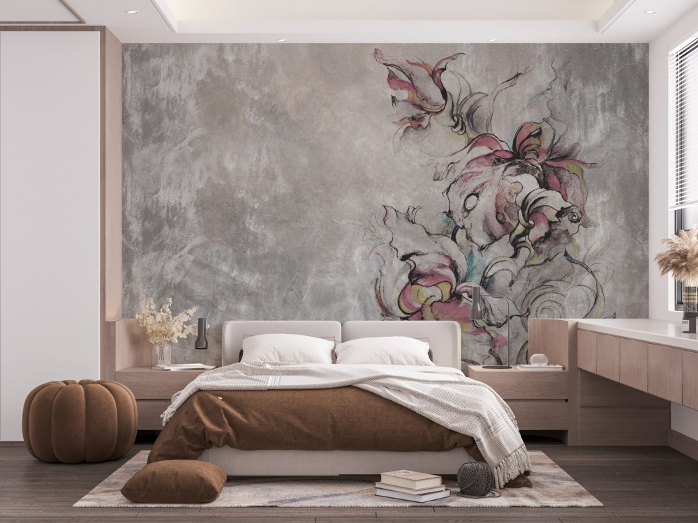 Vizon Beton Dokulu ve El Çizimi Renkli Çiçekli Duvar Kağıdı