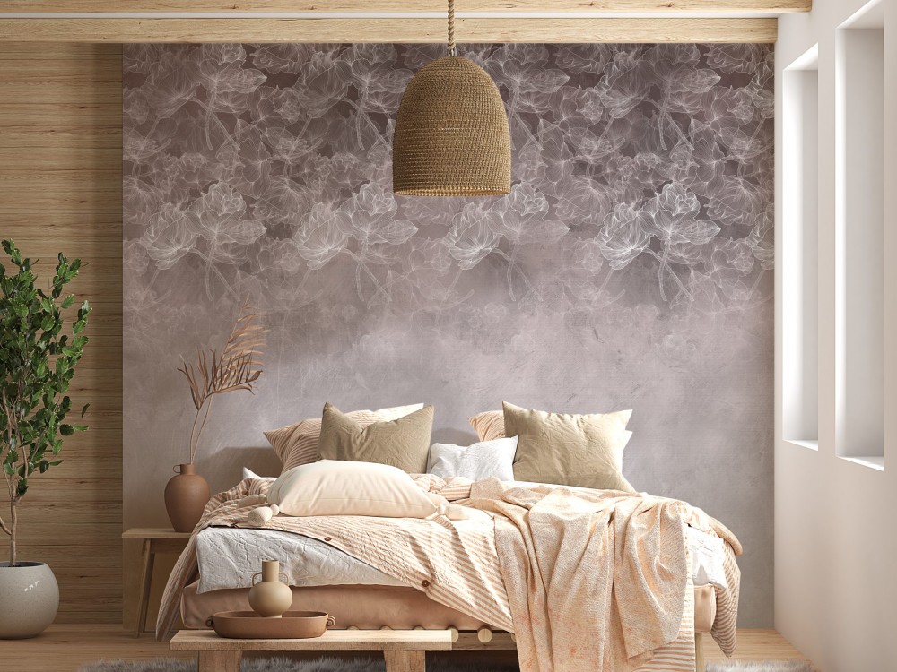 Beton Dokulu ve İnce Beyaz Kontur Çiçek Desenli Duvar Kağıdı