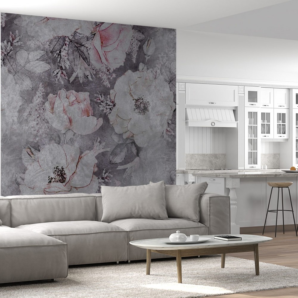 Antik Gri Dokulu ve Büyük Çiçekli Duvar Kağıdı