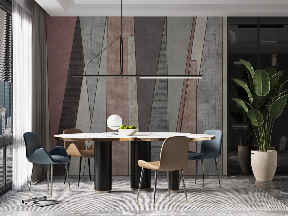 Dikey Panel Görünümlü ve Eskitme Dokulu Geometrik Duvar Kağıdı