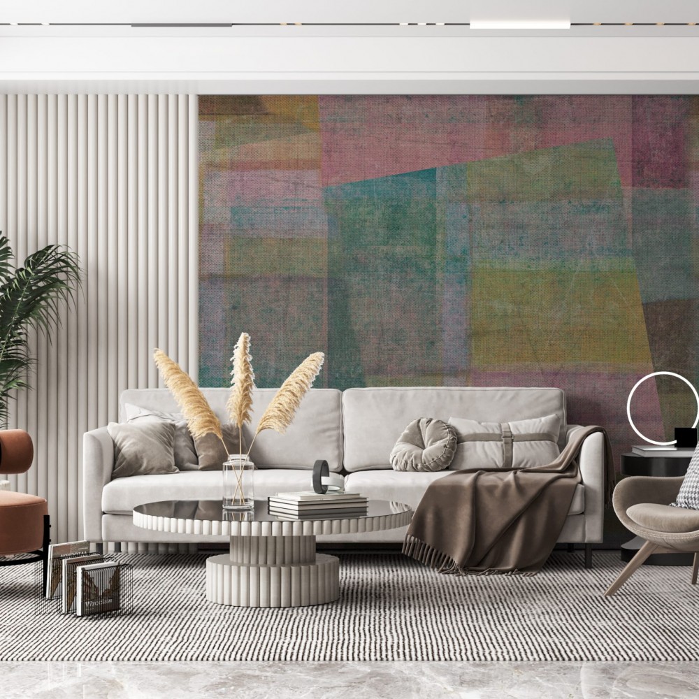 Soyut Geometrik Bloklu ve Kanvas Dokulu Duvar Kağıdı