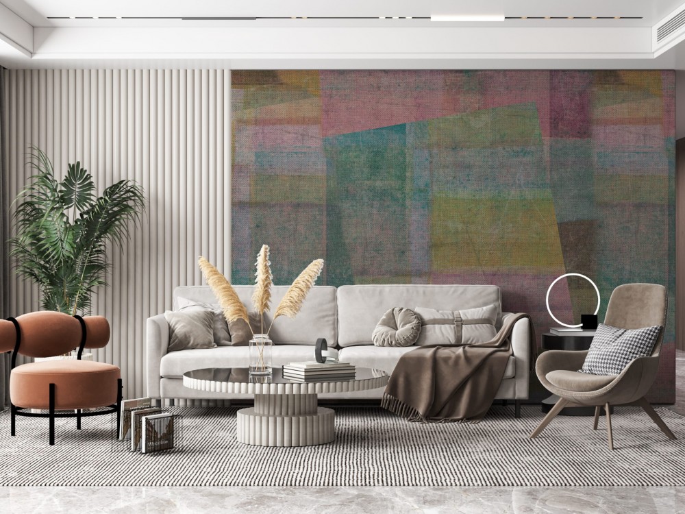 Soyut Geometrik Bloklu ve Kanvas Dokulu Duvar Kağıdı