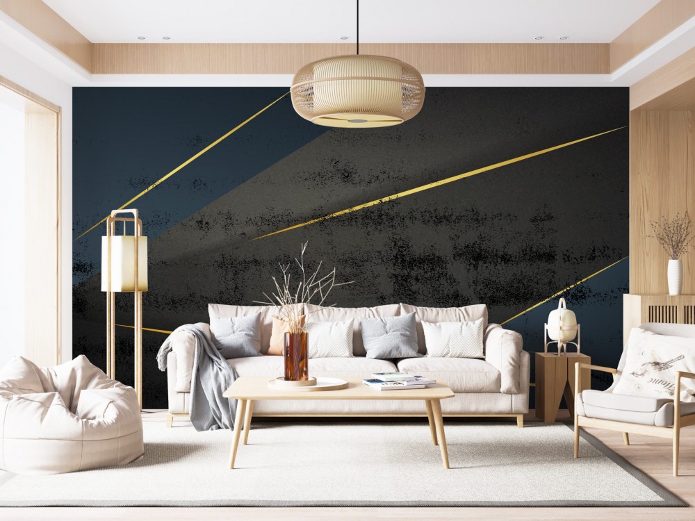 Modern Soyut Geometrik Altın Şeritli Antrasit Beton Dokulu Duvar Kağıdı