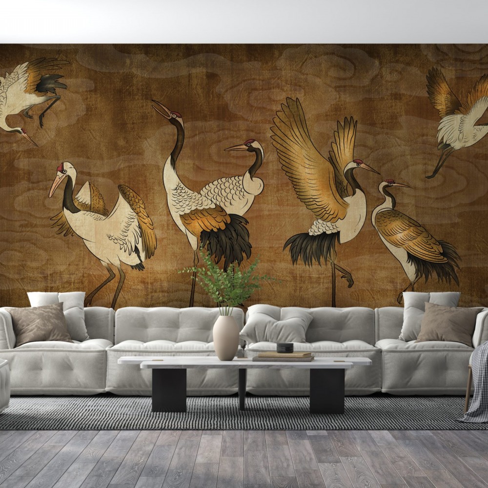 Mançurya Turnası Japon Sanatı Altın Dokulu Turna Kuşları Duvar Kağıdı