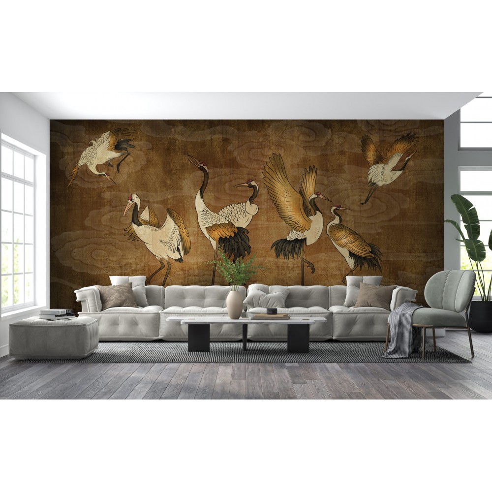 Mançurya Turnası Japon Sanatı Altın Dokulu Turna Kuşları Duvar Kağıdı