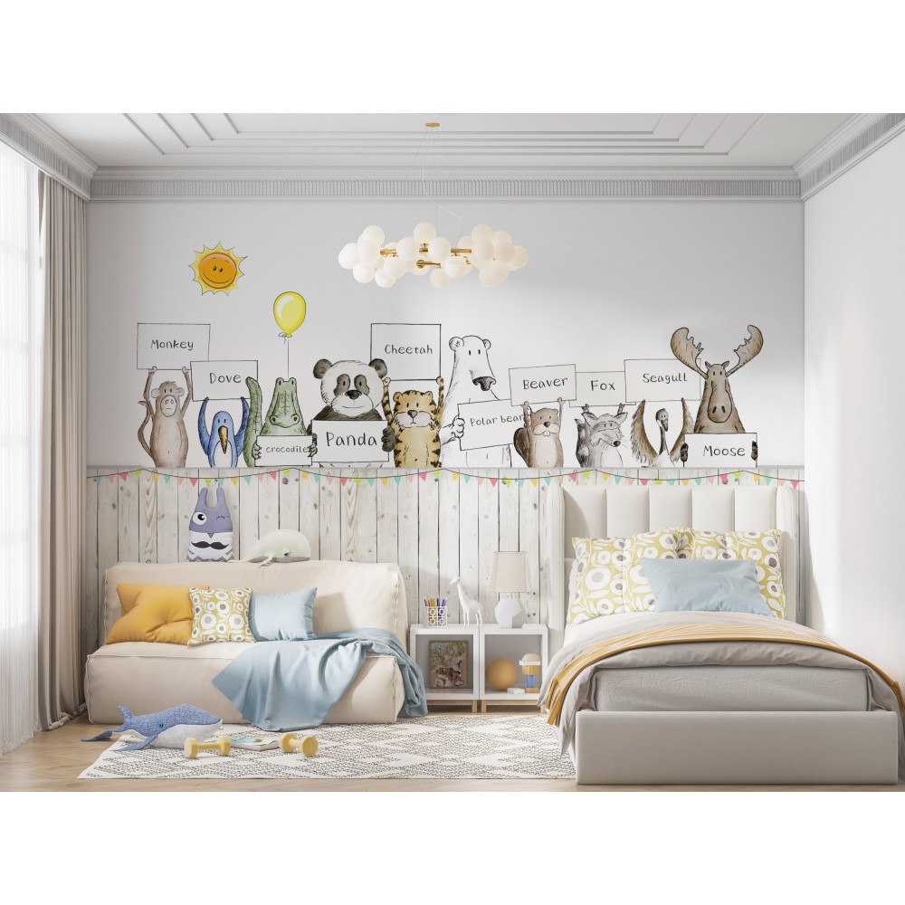 Eğitici Sevimli Dostlar Hayvan Figürlü Çocuk Odası Tasarım Duvar Kağıdı