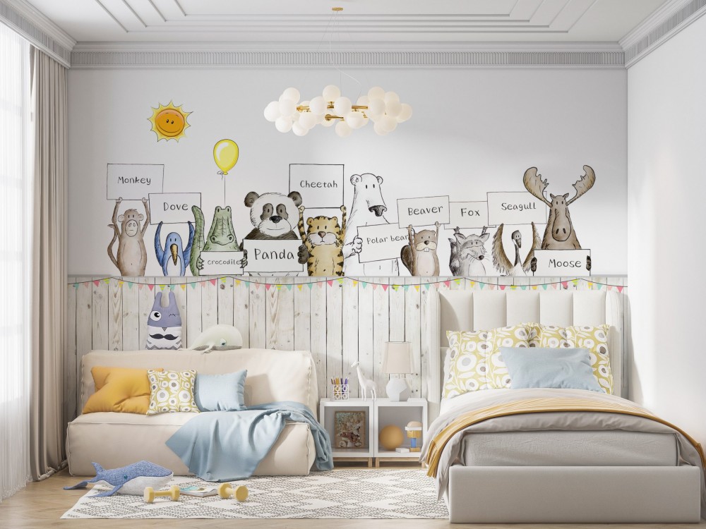 Eğitici Sevimli Dostlar Hayvan Figürlü Çocuk Odası Tasarım Duvar Kağıdı