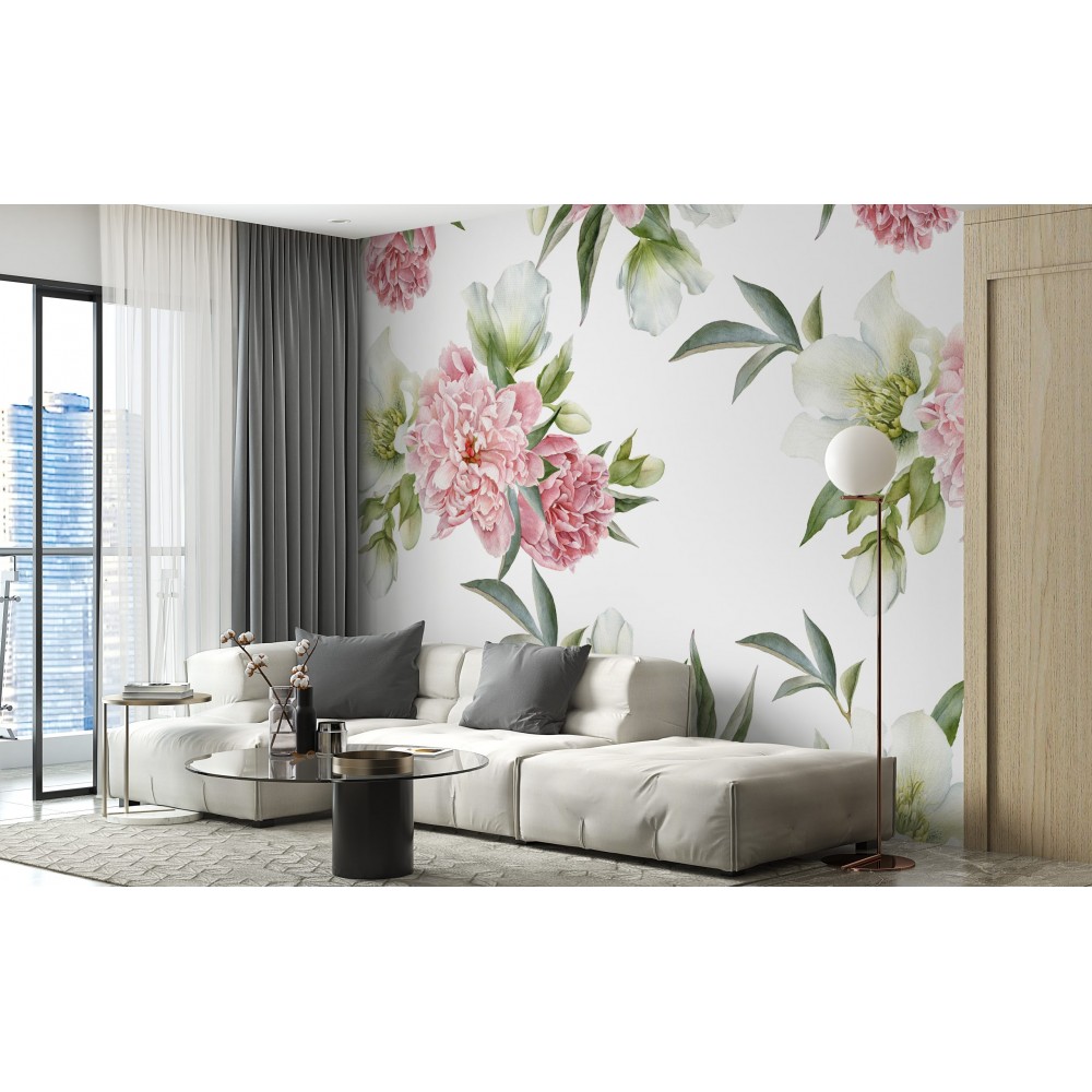 Modern Suluboya Efektli Dev Şakayık ve Beyaz Çiçekli Duvar Kağıdı