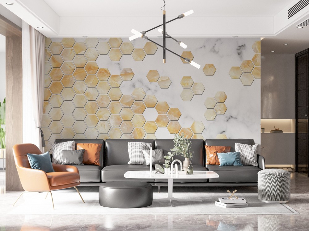 Modern Bal Peteği Desenli Altın Mermer Dokulu 3D Duvar Kağıdı