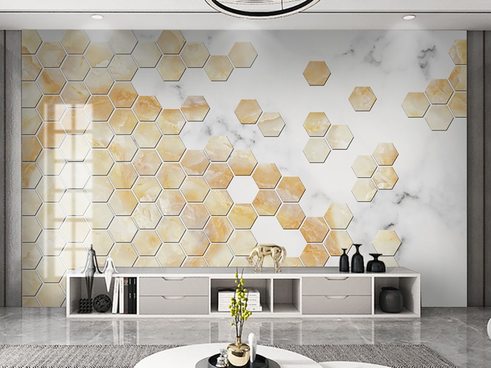 Modern Bal Peteği Desenli Altın Mermer Dokulu 3D Duvar Kağıdı