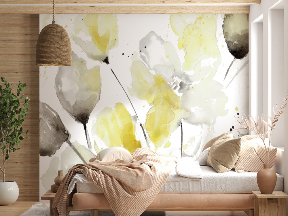 Sulu Boya Efektli Modern Sarı Laleler Tasarım Duvar Kağıdı