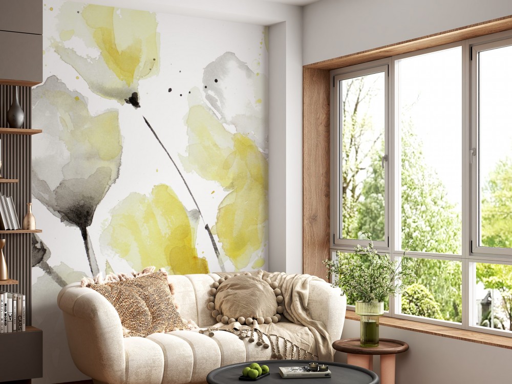 Sulu Boya Efektli Modern Sarı Laleler Tasarım Duvar Kağıdı