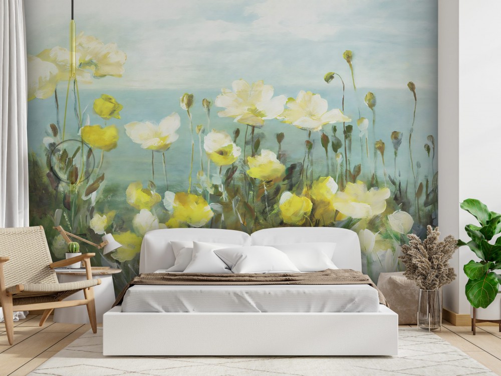 Yağlı Boya Dokulu Sarı Yaban Çiçekleri Tasarım Duvar Kağıdı 