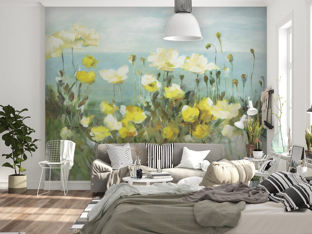 Yağlı Boya Dokulu Sarı Yaban Çiçekleri Tasarım Duvar Kağıdı 