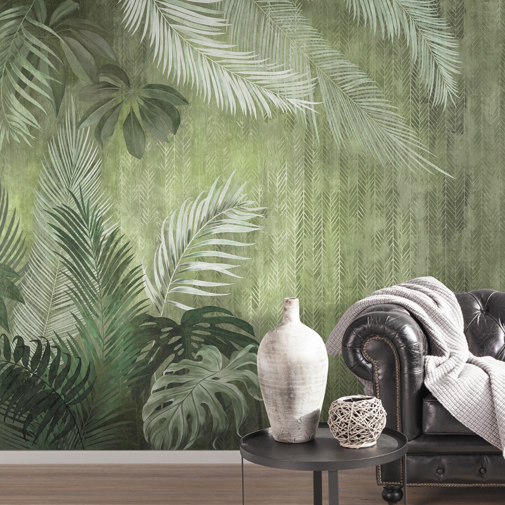 Vintage Yeşil Tropikal Orman ve Palmiye Yaprağı Desenli Duvar Kağıdı