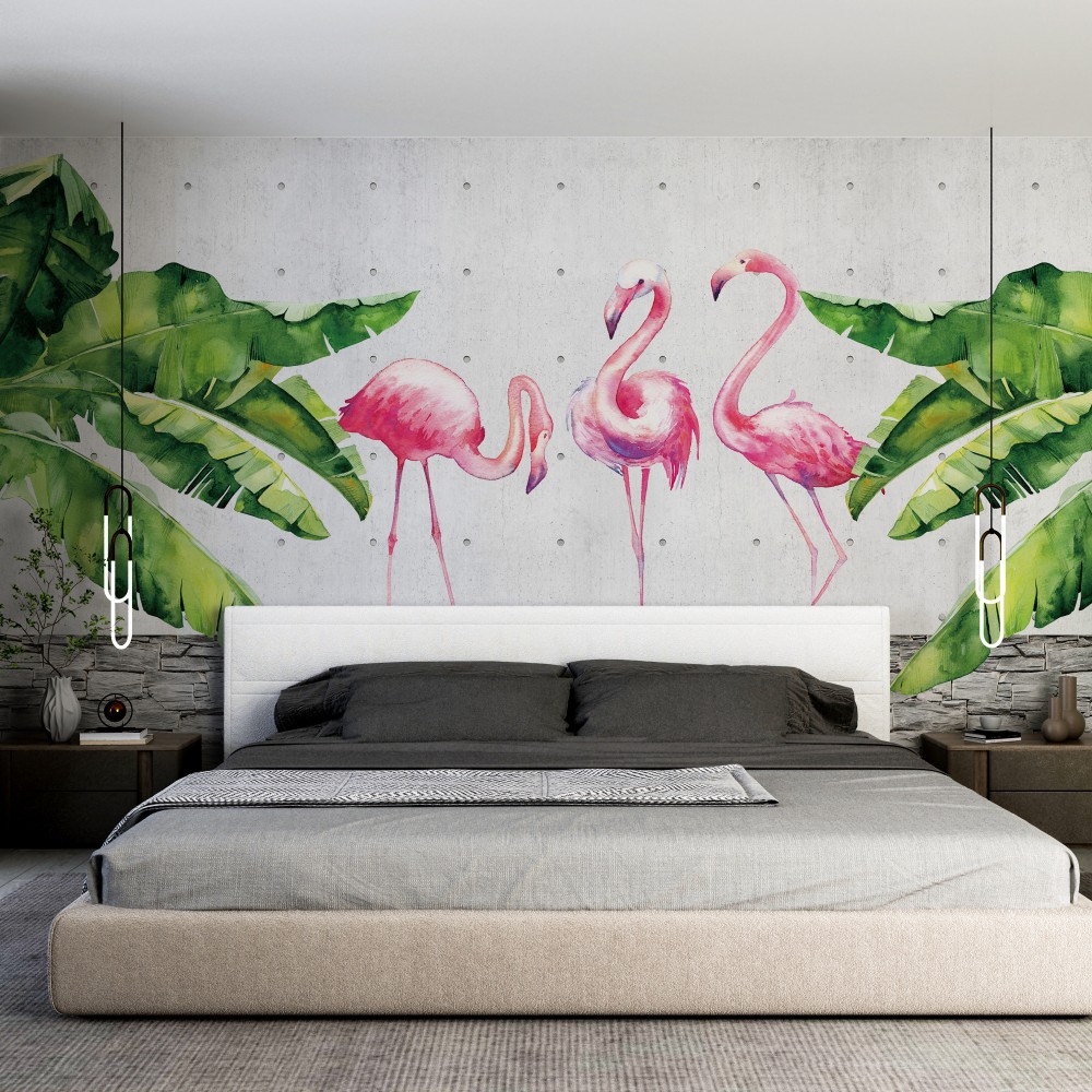 Modern Brüt Beton ve Dev Yapraklı Pembe Flamingo Duvar Kağıdı