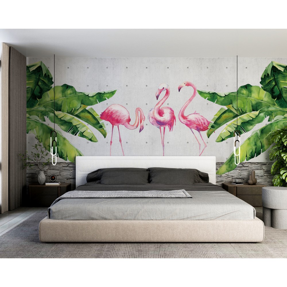 Modern Brüt Beton ve Dev Yapraklı Pembe Flamingo Duvar Kağıdı