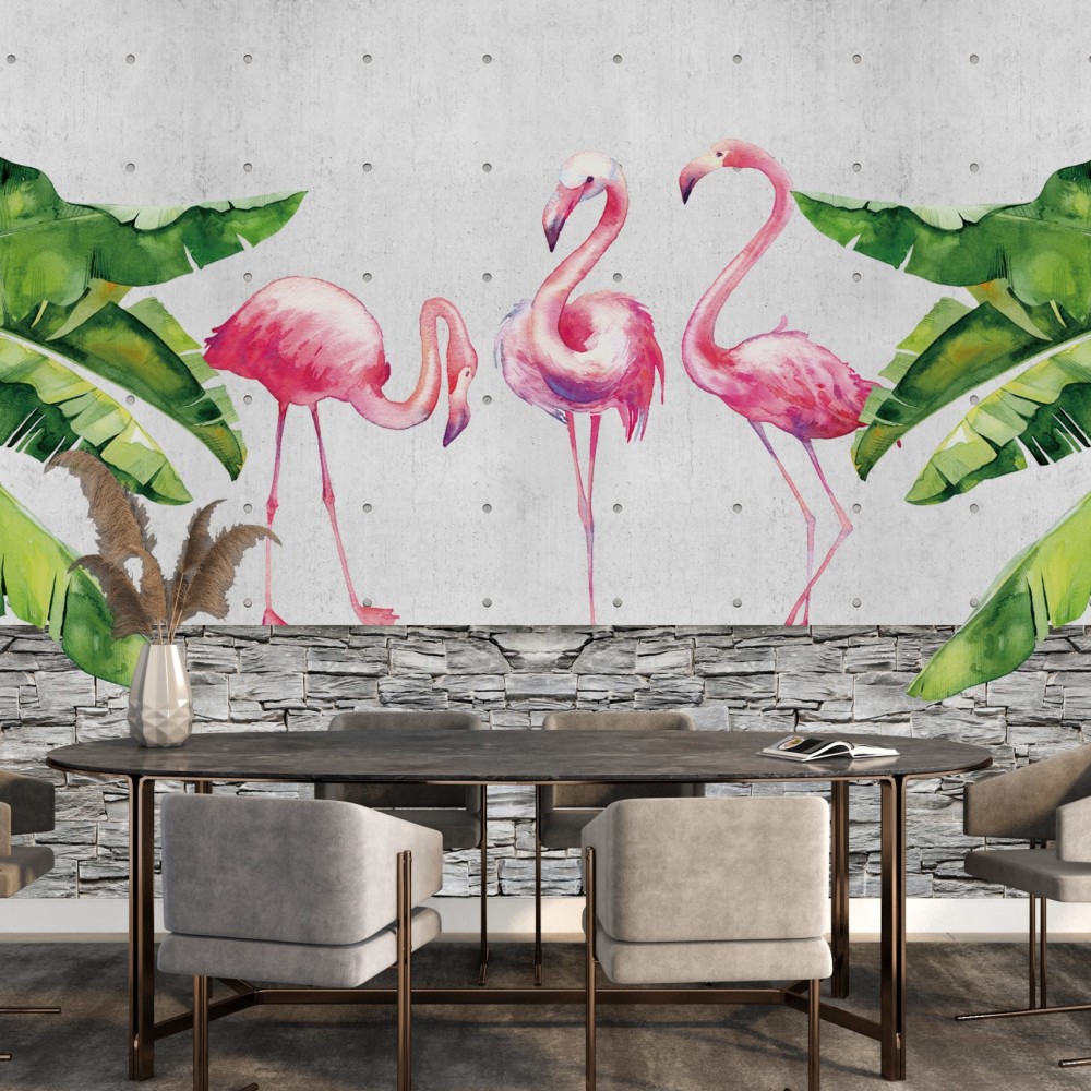 Modern Brüt Beton ve Dev Yapraklı Pembe Flamingo Duvar Kağıdı