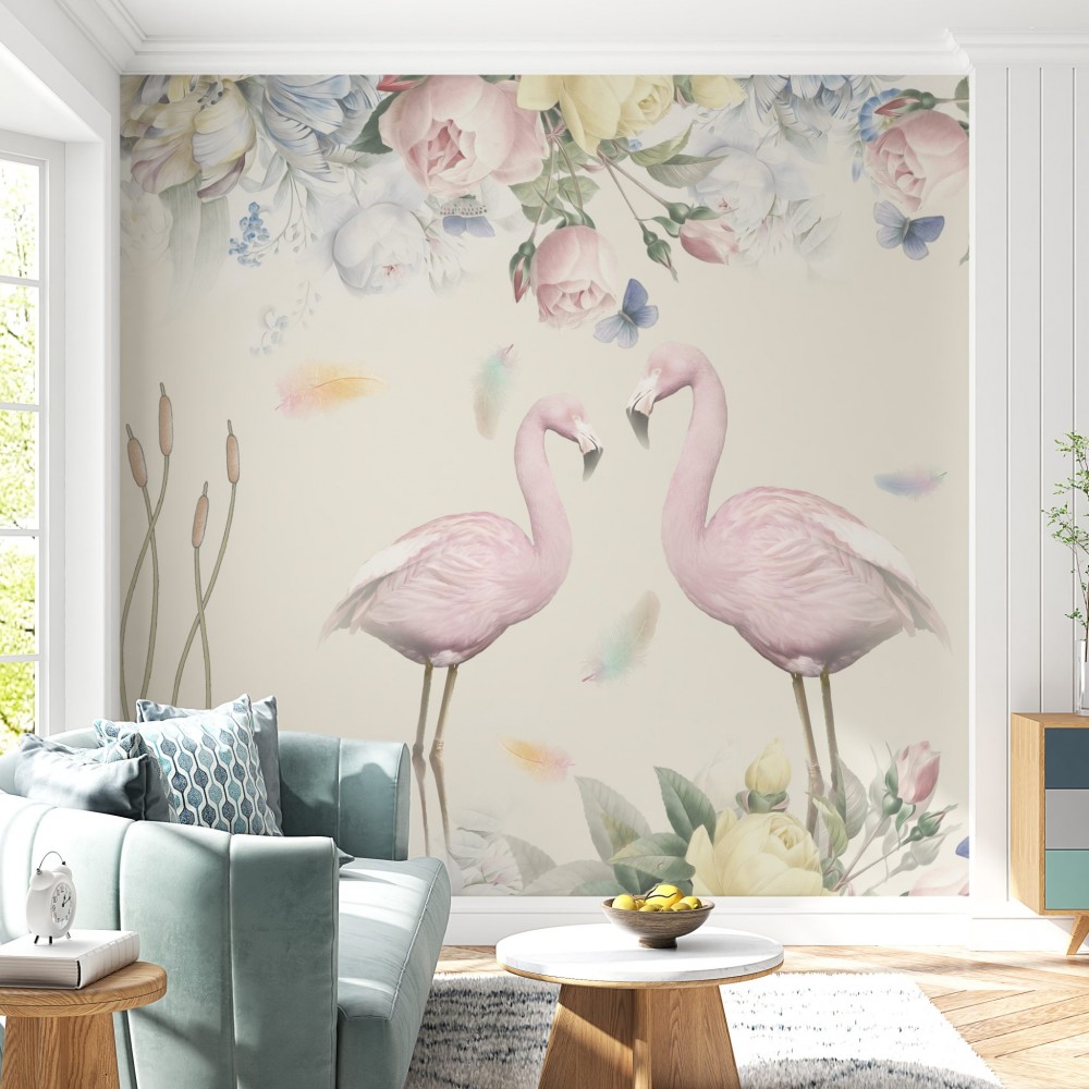 Romantik Sanatsal Flamingo İllüstrasyonlu ve Krem Zeminli Lüks Duvar Kağıdı