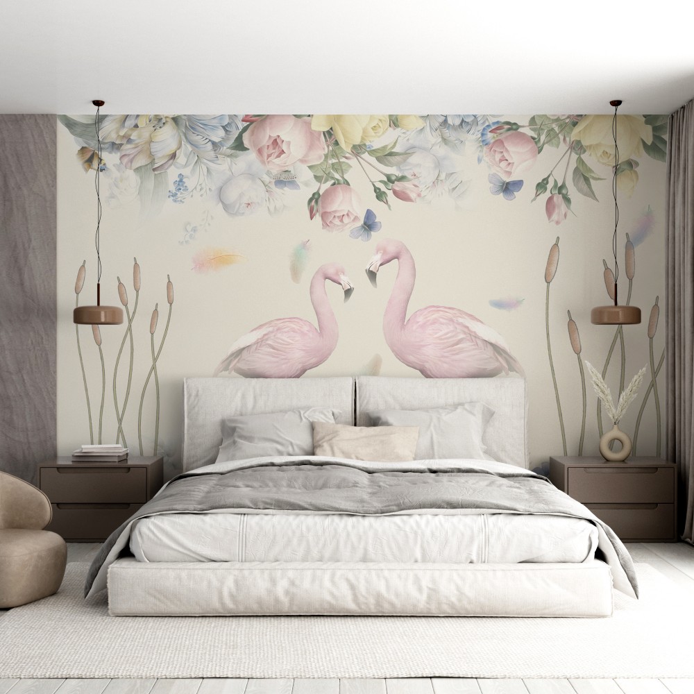 Romantik Sanatsal Flamingo İllüstrasyonlu ve Krem Zeminli Lüks Duvar Kağıdı