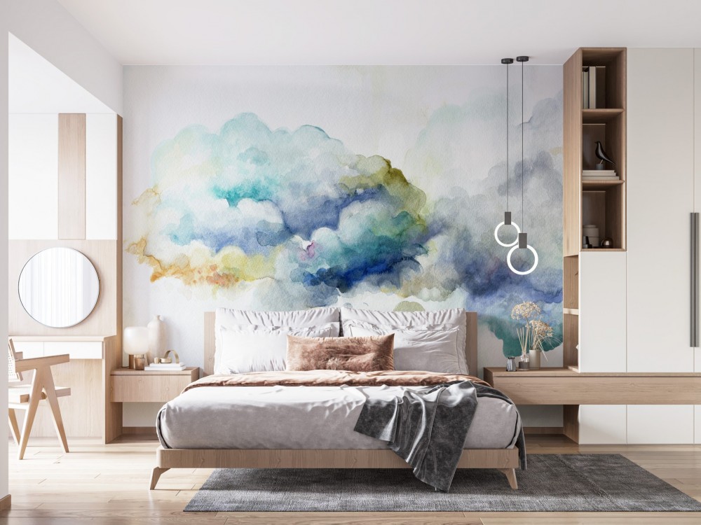 Suluboya Dokulu Renkli Bulutlar ve Gökyüzü Temalı Sanatsal Duvar Kağıdı