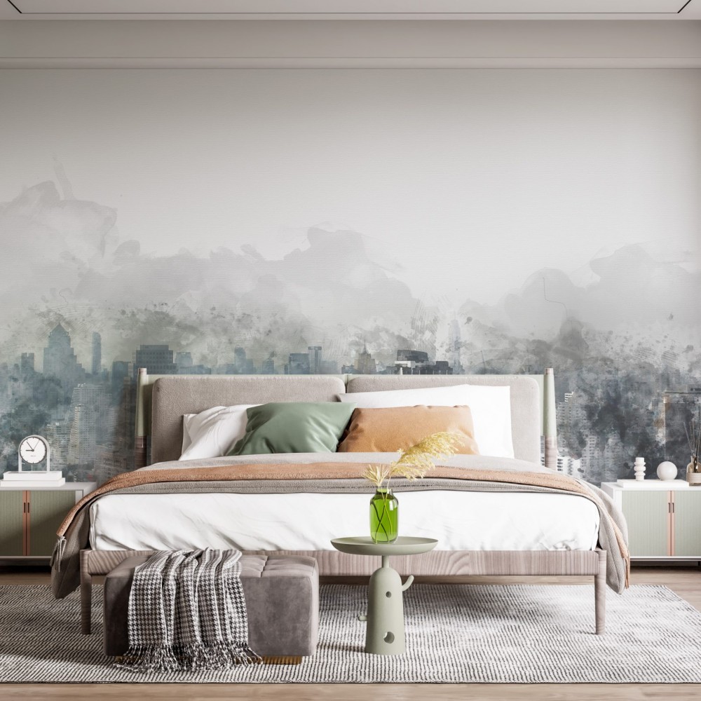 Modern Suluboya Şehir Silüeti ve Puslu Manzara Duvar Kağıdı