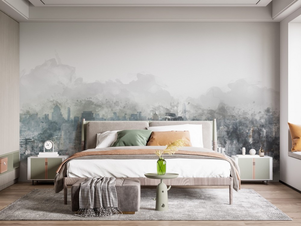 Modern Suluboya Şehir Silüeti ve Puslu Manzara Duvar Kağıdı