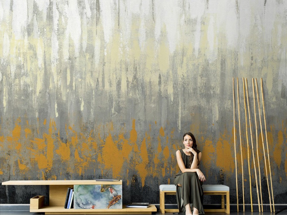 Modern Soyut Yağlı Boya Efektli Hardal ve Füme Geçişli Duvar Kağıdı