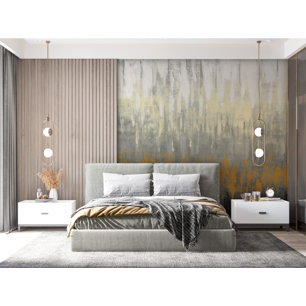 Modern Soyut Yağlı Boya Efektli Hardal ve Füme Geçişli Duvar Kağıdı