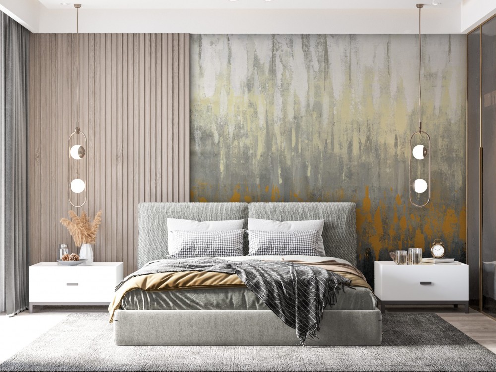 Modern Soyut Yağlı Boya Efektli Hardal ve Füme Geçişli Duvar Kağıdı