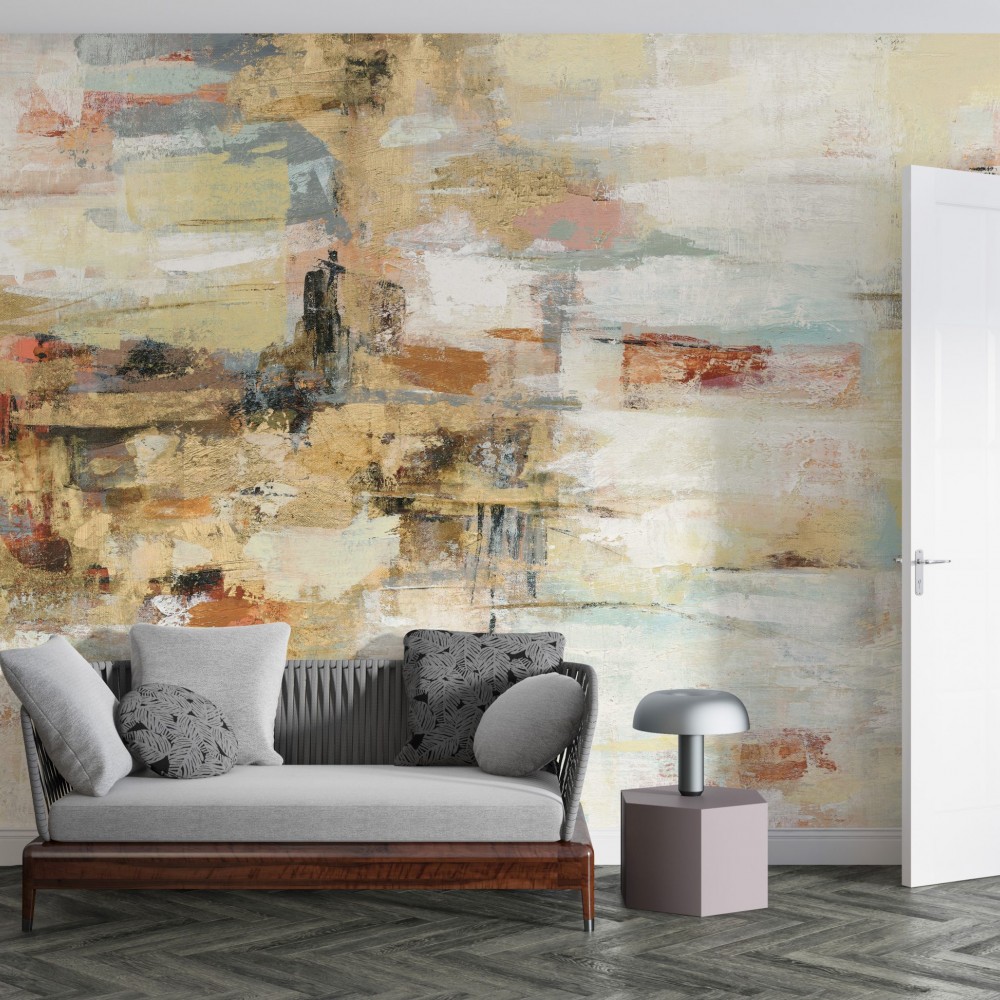 Modern Soyut Yağlı Boya Efektli ve Altın Vurgulu Sanatsal Duvar Kağıdı