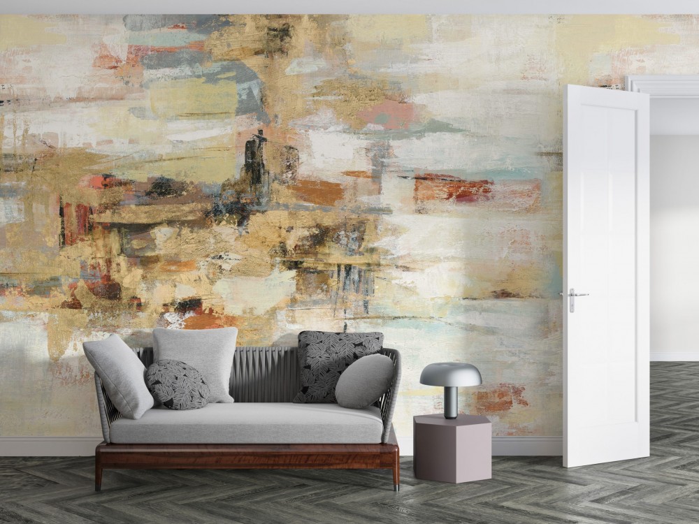 Modern Soyut Yağlı Boya Efektli ve Altın Vurgulu Sanatsal Duvar Kağıdı