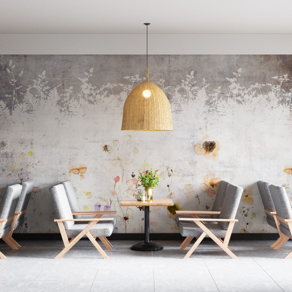 Modern Eskitme Beton Üzeri Beyaz Botanik Silüet ve Suluboya Çiçekli Duvar Kağıdı