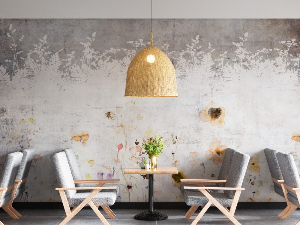 Modern Eskitme Beton Üzeri Beyaz Botanik Silüet ve Suluboya Çiçekli Duvar Kağıdı