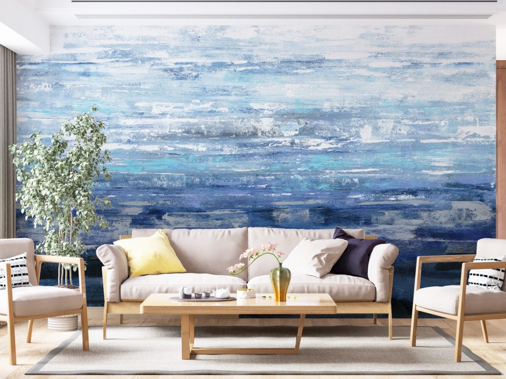 Soyut Yağlı Boya Dokulu Mavi ve Turkuaz Okyanus Efektli Duvar Kağıdı