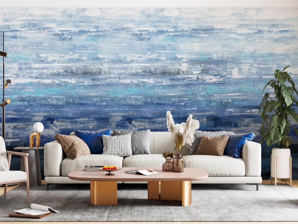 Soyut Yağlı Boya Dokulu Mavi ve Turkuaz Okyanus Efektli Duvar Kağıdı