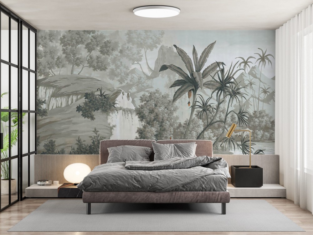 Vintage Gravür Tarzı Tropikal Orman ve Palmiye Desenli Duvar Kağıdı Vintage Gravür Tarzı Tropikal Orman ve Palmiye Desenli Duvar Kağıdı