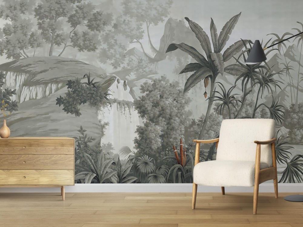 Vintage Gravür Tarzı Tropikal Orman ve Palmiye Desenli Duvar Kağıdı Vintage Gravür Tarzı Tropikal Orman ve Palmiye Desenli Duvar Kağıdı