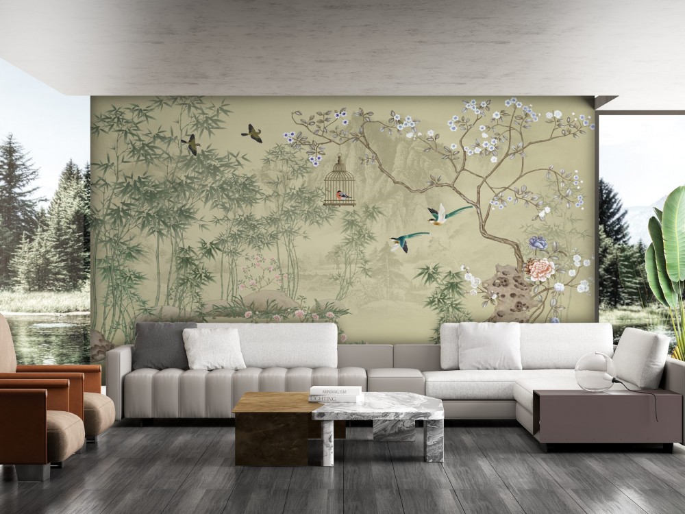 Klasik Chinoiserie Tarzı Bambu Ormanı ve Egzotik Kuş Temalı Duvar Kağıdı