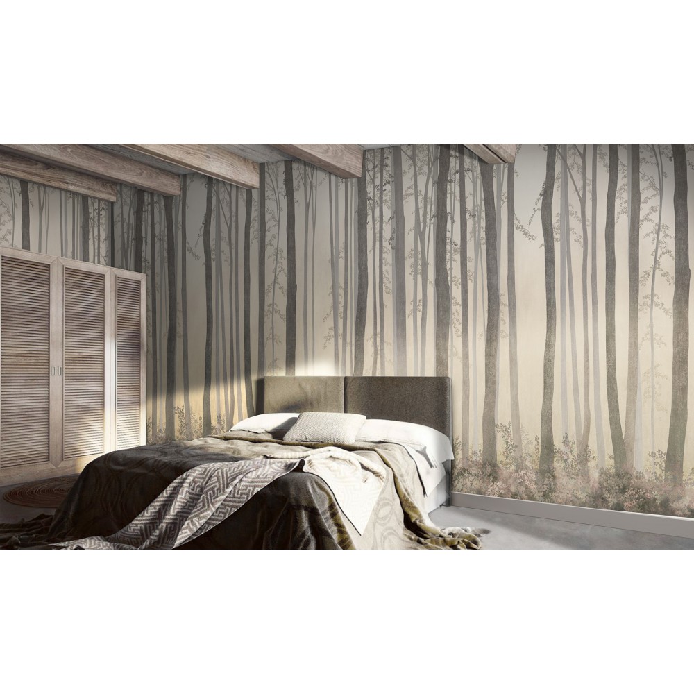 Modern Puslu Orman Silüeti ve İskandinav Tarzı Ağaç Desenli Duvar Kağıdı