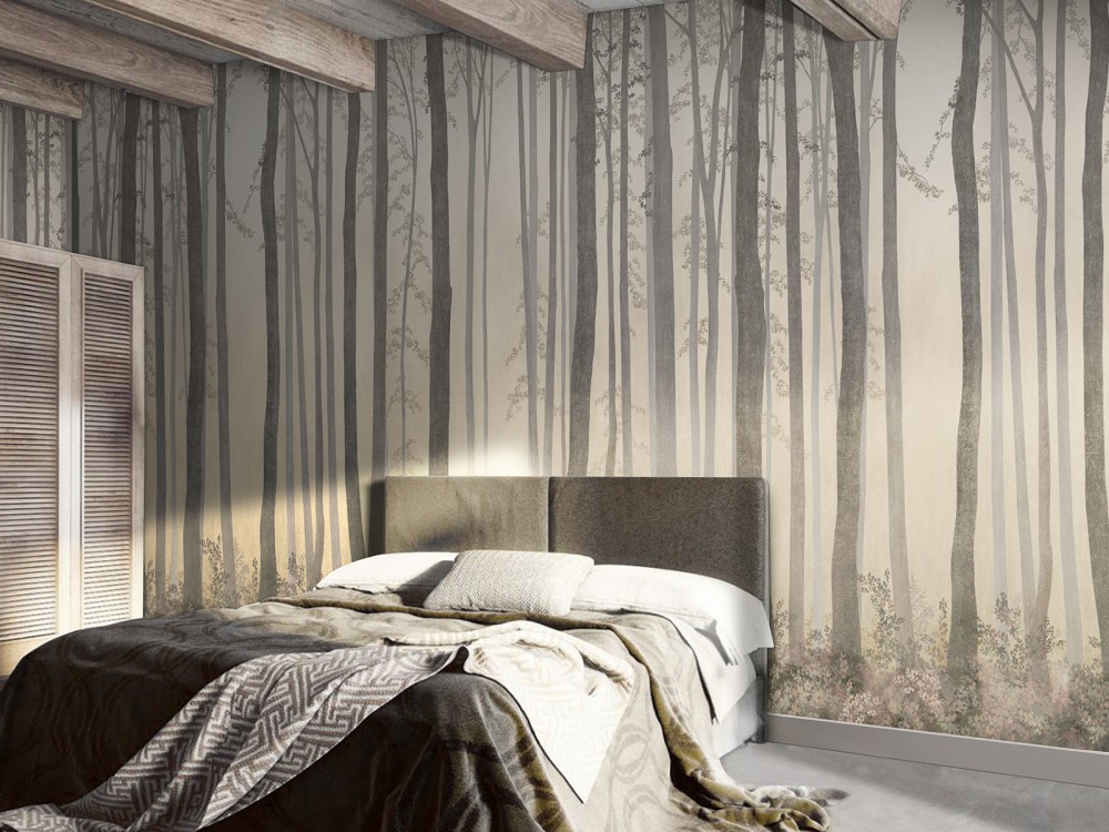 Modern Puslu Orman Silüeti ve İskandinav Tarzı Ağaç Desenli Duvar Kağıdı